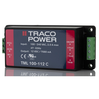 TRACOPOWER Switching Power Supply, TML 100-112C, 12V dc, 7A, 84W, 1 Output, 100 → 240V ac Input Voltage