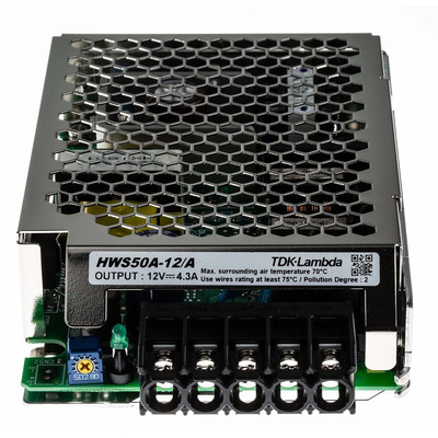 TDK-Lambda Switching Power Supply, HWS50A-12/A, 12V dc, 4.3A, 50W, 1 Output, 120 → 370 V dc, 85 → 265 V