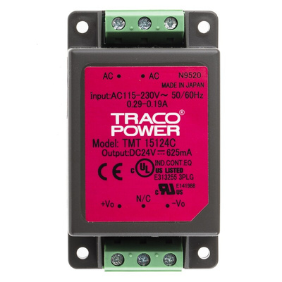 TRACOPOWER Switching Power Supply, TMT 15124C, 24V dc, 625mA, 15W, 1 Output, 85 → 264 V ac, 85 → 370 V dc