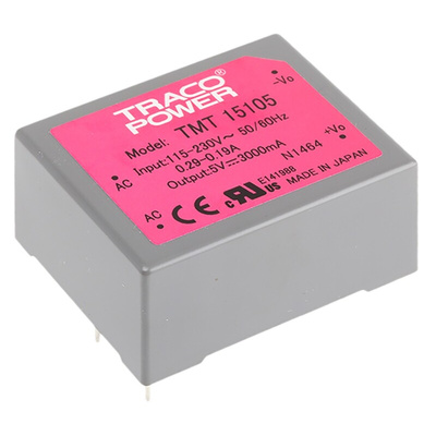 TRACOPOWER Switching Power Supply, TMT 15105, 5V dc, 3A, 15W, 1 Output, 85 → 264 V ac, 85 → 370 V dc
