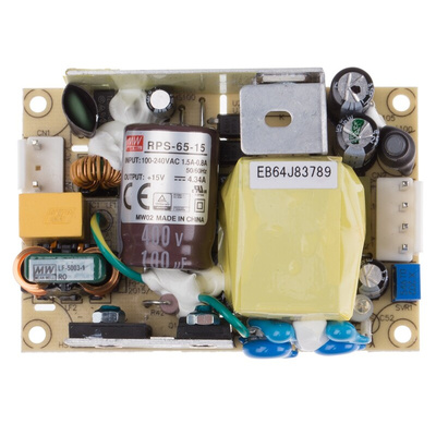 MEAN WELL Switching Power Supply, RPS-65-15, 15V dc, 4.34A, 65W, 1 Output, 80 → 264V ac Input Voltage