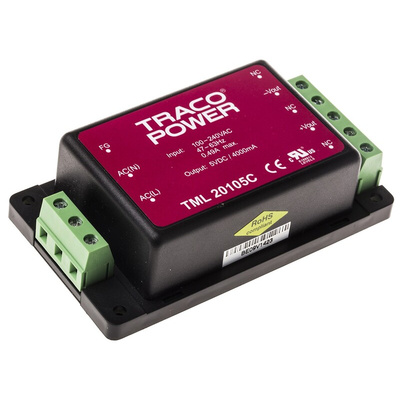 TRACOPOWER Switching Power Supply, TML 20105C, 5V dc, 4A, 20W, 1 Output, 100 → 375 V dc, 90 → 264 V ac