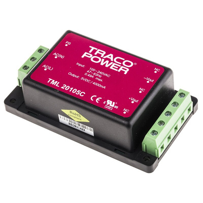 TRACOPOWER Switching Power Supply, TML 20105C, 5V dc, 4A, 20W, 1 Output, 100 → 375 V dc, 90 → 264 V ac