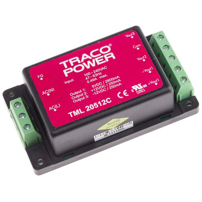 TRACOPOWER Switching Power Supply, TML 20512C, 5 V dc, ±12 V dc, 2.8 A, 250mA, 20W, Triple Output, 100 → 375 V