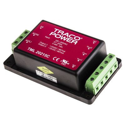 TRACOPOWER Switching Power Supply, TML 20215C, ±15V dc, 667mA, 20W, Dual Output, 100 → 375 V dc, 90 → 264