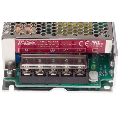 TRACOPOWER Switching Power Supply, TXM 050-115, 15V dc, 3.3A, 50W, 1 Output, 90 → 264V ac Input Voltage