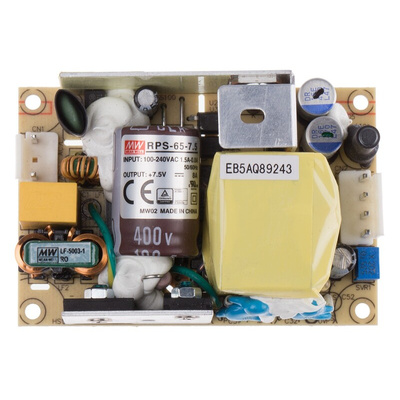 MEAN WELL Switching Power Supply, RPS-65-7.5, 7.5V dc, 8A, 60W, 1 Output, 80 → 264V ac Input Voltage