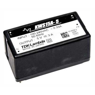 TDK-Lambda Switching Power Supply, KWS15A-5, 5V dc, 3A, 15W, 1 Output, 120 → 370 V dc, 85 → 265 V ac