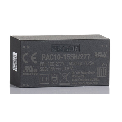 Recom Switching Power Supply, RAC10-15SK/277, 15V dc, 670mA, 10W, 1 Output, 85 → 305V ac Input Voltage