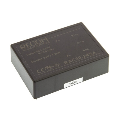 Recom Switching Power Supply, RAC30-24SA, 24V dc, 1.25A, 30W, 1 Output, 90 → 264V ac Input Voltage