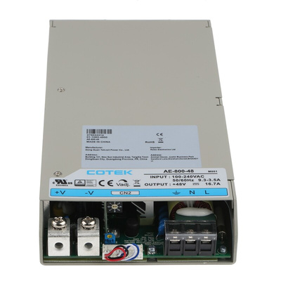COTEK Switching Power Supply, AE-800-48, 48V dc, 16.7A, 801.6W, 1 Output, 127 → 370 V dc, 90 → 264 V ac