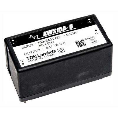 TDK-Lambda Switching Power Supply, KWS15A-15, 15V dc, 1A, 15W, 1 Output, 120 → 370 V dc, 85 → 265 V ac