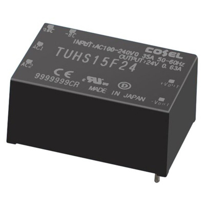 Cosel AC-DC Power Supply, TUHS15F24, 24V dc, 630mA, 15W, 1 Output, 120 → 370 V dc, 85 → 264 V ac Input