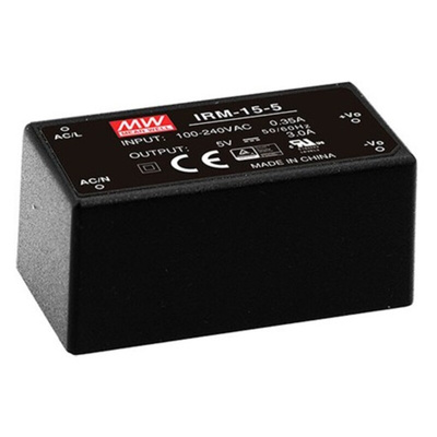 MEAN WELL Switching Power Supply, IRM-15-5, 5V dc, 3A, 15W, 1 Output, 120 → 370 V dc, 85 → 264 V ac Input