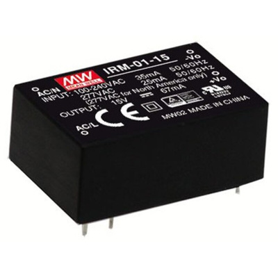 MEAN WELL Switching Power Supply, IRM-01-15, 15V dc, 67mA, 1W, 1 Output, 120 → 430 V dc, 85 → 305 V ac