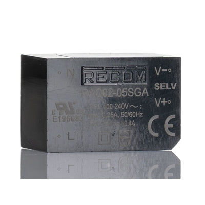 Recom Switching Power Supply, RAC02-05SGA, 5V dc, 400mA, 2W, 1 Output, 100 → 240V ac Input Voltage