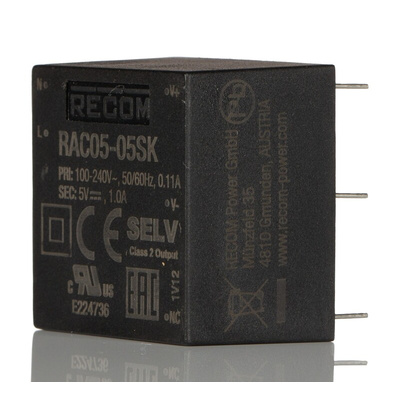 Recom Switching Power Supply, RAC05-05SK, 5V dc, 1A, 5W, 1 Output, 85 → 264V ac Input Voltage
