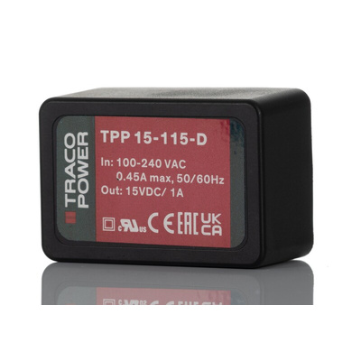 TRACOPOWER Switching Power Supply, TPP 15-115-D, 15V dc, 1A, 15W, 1 Output, 120 → 370 V dc, 85 → 264 V ac