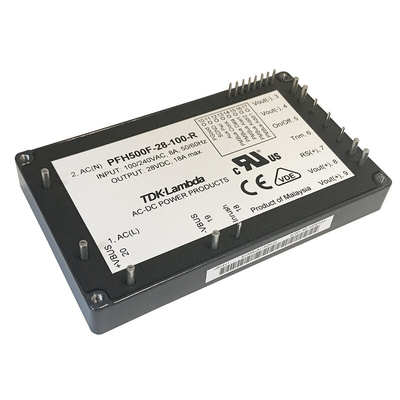 TDK-Lambda Switching Power Supply, PFH-500F-28-0D0-R, 28V dc, 18A, 504W, 1 Output, 85 → 265V ac Input Voltage