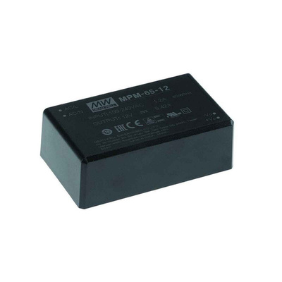 MEAN WELL Switching Power Supply, MPM-65-12, 12V dc, 3.75A, 65W, 1 Output, 80 → 264V ac Input Voltage