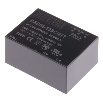 Recom Switching Power Supply, RAC04-15SC/277, 15V dc, 267mA, 4W, 1 Output, 115 → 370 V dc, 80 → 264V ac