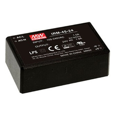 MEAN WELL Switching Power Supply, IRM-45-24, 24V dc, 1.9A, 45.6W, 1 Output, 85 → 264V ac Input Voltage