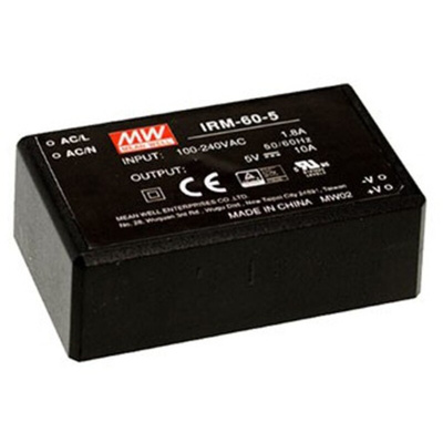 MEAN WELL Switching Power Supply, IRM-60-5, 5V dc, 10A, 50W, 1 Output, 85 → 264V ac Input Voltage