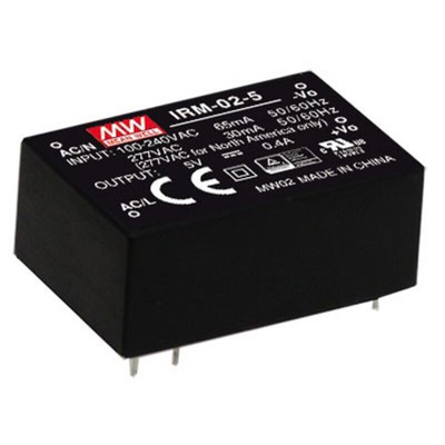 MEAN WELL Switching Power Supply, IRM-02-5, 5V dc, 400mA, 2W, 1 Output, 120 → 430 V dc, 85 → 305 V ac