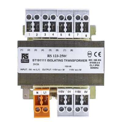 RS PRO 100VA DIN Rail Transformer, 208V ac Primary, 2 x 115V Secondary