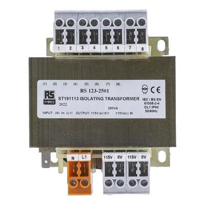 RS PRO 250VA DIN Rail Transformer, 208V ac Primary, 2x115V ac Secondary