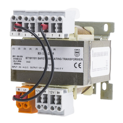 RS PRO 100VA DIN Rail Transformer, IEC 61558-2-6, 208V ac Primary, 2x12V ac Secondary