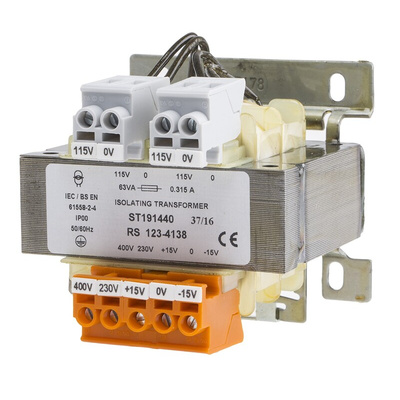 RS PRO 63VA DIN Rail Transformer, 230 → 400V ac Primary, 115V Secondary