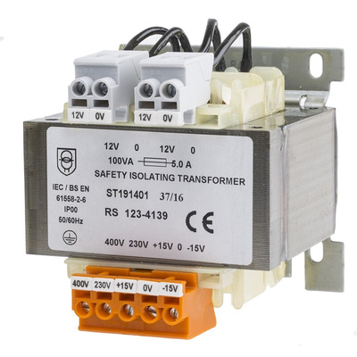 RS PRO 100VA DIN Rail Transformer, IEC 61558-2-6, 230 → 400V ac Primary, 12V ac Secondary