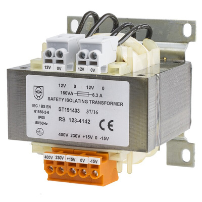 RS PRO 160VA DIN Rail Transformer, IEC 61558-2-6, 230 → 400V ac Primary, 12V ac Secondary