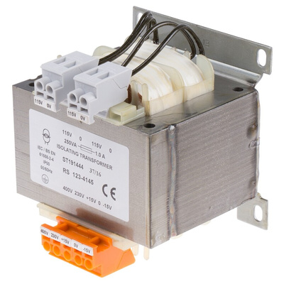 RS PRO 250VA DIN Rail Transformer, 230 → 400V ac Primary, 2 x 115V ac Secondary