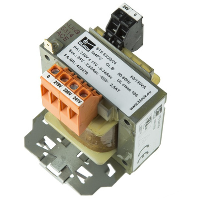 Block 63VA DIN Rail Transformer, 218V ac, 230V ac, 242V ac Primary, 24V ac Secondary