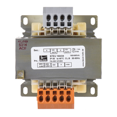 Block 160VA 2 Output Chassis Mounting Transformer, 2 x 12V ac