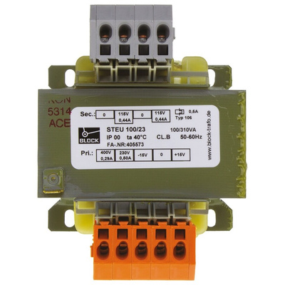 Block 100VA 2 Output Chassis Mounting Transformer, 2 x 115V ac