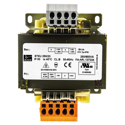 Block 250VA 2 Output Chassis Mounting Transformer, 2 x 115V ac