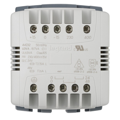 Legrand 63VA DIN Rail Transformer, 230V ac, 400V ac Primary, 24V ac Secondary
