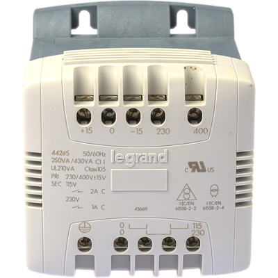 Legrand 250VA DIN Rail Transformer, 215V ac, 230V ac, 245V ac, 385V ac, 400V ac, 415V ac Primary, 115V ac Secondary