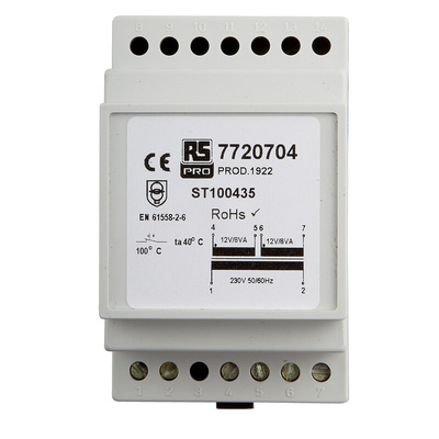 RS PRO 16VA DIN Rail Transformer, 230V ac Primary, 12V ac Secondary