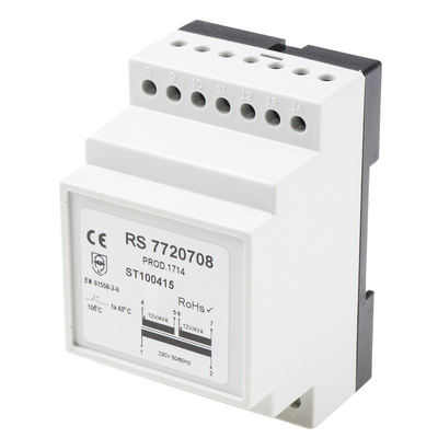 RS PRO 8VA DIN Rail Transformer, 230V ac Primary, 12V ac Secondary