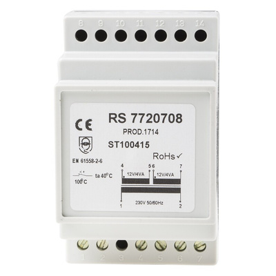 RS PRO 8VA DIN Rail Transformer, 230V ac Primary, 12V ac Secondary