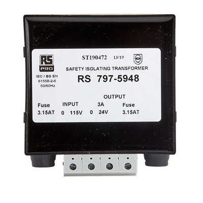 RS PRO 72VA DIN Rail Transformer, 115V ac Primary, 24V ac Secondary
