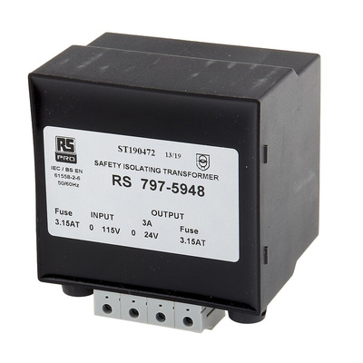 RS PRO 72VA DIN Rail Transformer, 115V ac Primary, 24V ac Secondary