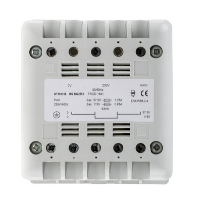 RS PRO 63VA DIN Rail Transformer, 400V ac Primary, 57.5V ac Secondary