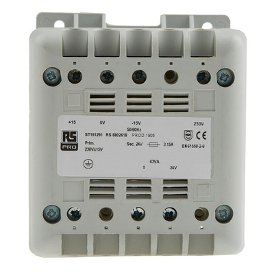 RS PRO 63VA DIN Rail Transformer, IEC 61558-2-6, 230V ac Primary, 24V ac Secondary