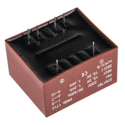 RS PRO 2 x 15V ac 2 Output PCB Mount PCB Transformer, 3.2VA