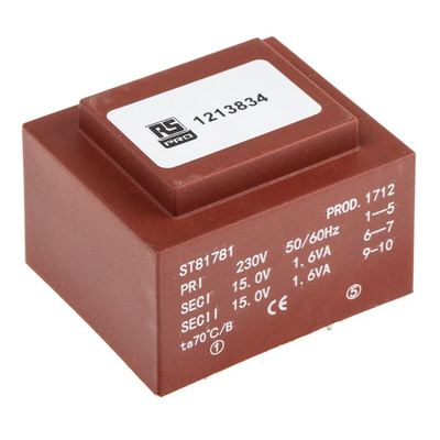 RS PRO 2 x 15V ac 2 Output PCB Mount PCB Transformer, 3.2VA